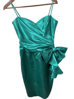 Vintage 80s Emerald Satin Dress with Side Bow